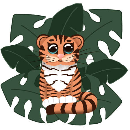 Cute tiger with big eyes as symbol of Chinese New Year. Adorable drawing of cartoon striped character among monstera leaves. Illustration of sitting baby wildcat isolated on white. Year of the tigerの写真素材