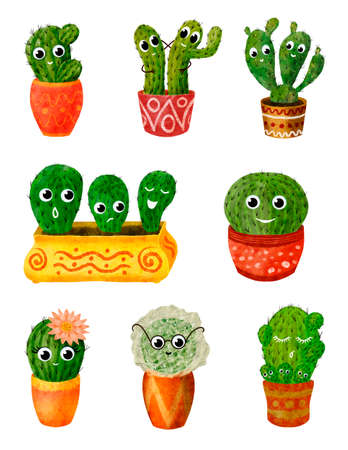 Cute cartoon cactus set clip art illustration in flowerpot. Bright watercolor succulent with smiling face isolated on white. Handdrawn prickly green house plant for children stickers or baby design.の写真素材