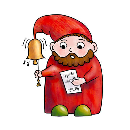 Hand-drawn illustration of Christmas gnome playing musical instrument. Cute clip art for winter holidays greeting card, invitation, tag. Funny cartoon characters of Santa helper isolated on whiteの写真素材