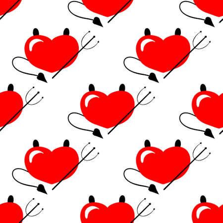 Vector seamless pattern of devil heart with horns, tail and trident in red and black isolated on white. Illustration for print, decoration for Valentines day or as demon of evil love, sexuality,のイラスト素材