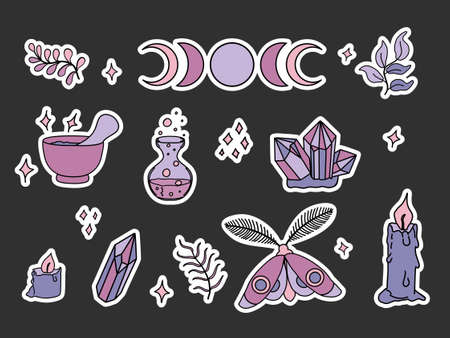 Magic objects for witch that used in alchemical medicine. Set of vector illustrations with white outline for stickers. Witchcraft esoteric symbols, magician boho collection, mystery celestial clip artのイラスト素材