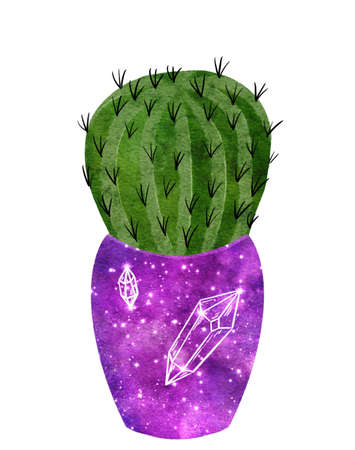 Celestial cactus clip art illustration in flowerpot with stars and cosmos pattern. Bright watercolor succulent isolated on white. Handdrawn prickly green house plant for mystic astrology design.の写真素材