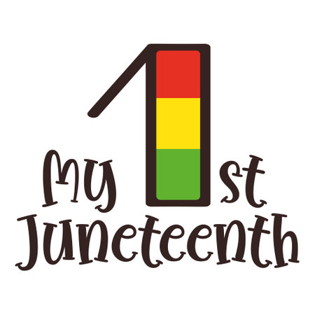 Hand lettering quote My first Juneteenth for African American baby tee shirt. Vector calligraphy children illustration isolated on white. Nice for girls and boys bodysuit print on black history eventのイラスト素材