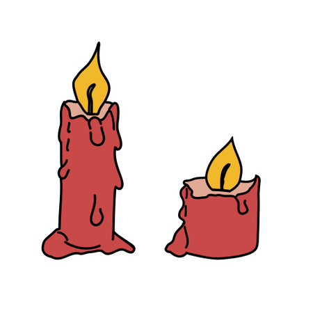 Vector illustration of two lit candles with fire and wax running down. Burning holiday decorations in various dimensions, tall and short. Black outline doodle, colored and glowing symbol of Christmasのイラスト素材