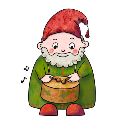 Hand-drawn illustration of Christmas gnome playing musical drum instrument. Cute clip art for winter holidays greeting card, invitation, tag. Funny cartoon characters of Santa helper isolated on whiteの写真素材