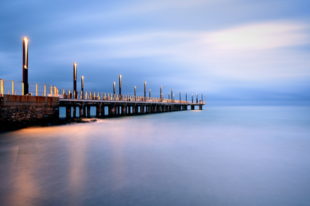 Pier Lights at Blue Hour, Alassio, Ligury, Italyの写真素材