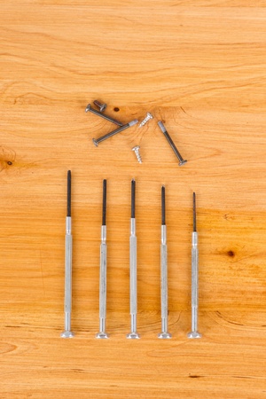 Screw and bolt driver with wooden backgroundの写真素材