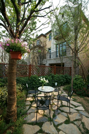 Chairs and table in back yardのeditorial素材