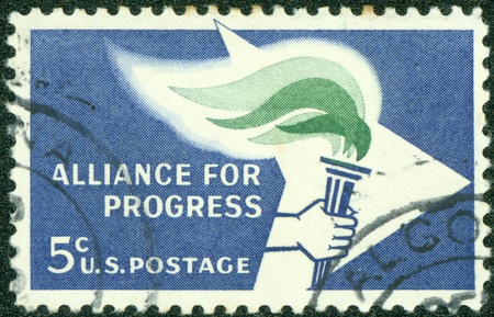 USA - CIRCA 1963  A Stamp printed in USA shows the Alliance emblem, devoted to 2nd anniv  of the Alliance for Progress, circa 1963のeditorial素材