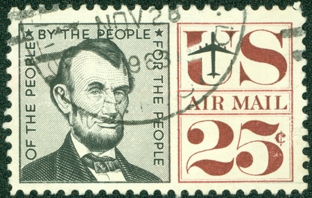UNITED STATES - CIRCA 1959  A airmail stamp printed in United States  Old American airmail stamp showing the image of President Abraham Lincoln, series, circa 1959のeditorial素材
