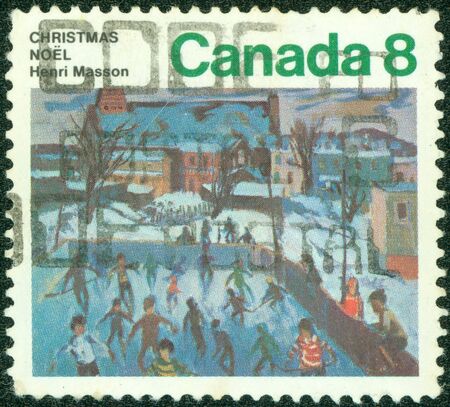 CANADA - CIRCA 1974  A stamp printed by Canada, shows Skaters at Hull, by Henri Masson, circa 1974の写真素材