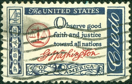 USA - CIRCA 1960   A postcard printed in the USA with text  Observe good faith and justice toward all nations, G Washington - American Credo, circa 1960の写真素材