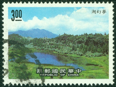 REPUBLIC OF CHINA  TAIWAN  - CIRCA 1996  A stamp printed in the Taiwan shows lake scenery, circa 1996のeditorial素材