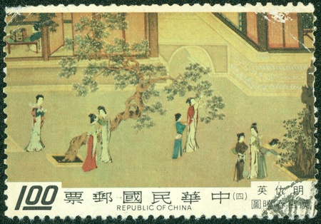 TAIWAN - CIRCA 1980  A stamp printed in Taiwan shows a traditional painting of  Spring Morning in the Han Palace by Ch iu Ying, a famous artist during Ming Dynasty, circa 1980のeditorial素材