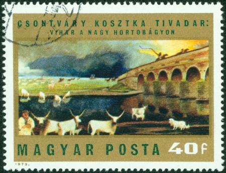 HUNGARY - CIRCA 1973  A stamp printed in Hungary from the  Paintings by Csontvary Kosztka  issue shows  Storm over Hortobagy Puszta , circa 1973 のeditorial素材