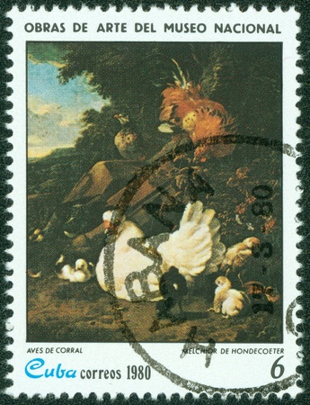 CUBA - CIRCA 1980  A stamp printed in CUBA shows the  Domestic Fowl , by Melchior De Hondecoeter, from the series  Paintings in the Natl Museum , circa 1980のeditorial素材