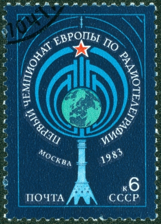 USSR - CIRCA 1983  The stamp printed in USSR shows the first championship of Europe on wireless telegraphy, circa 1983の写真素材