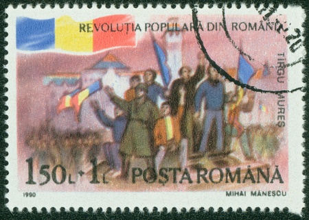 ROMANIA - CIRCA 1990  stamp printed by Romania, shows Soldiers in Bucharest, circa 1990のeditorial素材