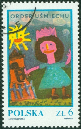 POLAND - CIRCA 1983  Children s drawing  Girl near house , circa 1983 のeditorial素材