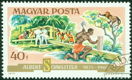 HUNGARY - CIRCA 1975  A stamp printed in the Hungary shows Hospital, Lambarene, Dr  Albert Schweitzer, Medical Missionary and Musician, circa 1975のeditorial素材