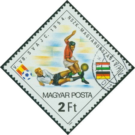 HUNGARY - CIRCA 1982  A stamp printed by HUNGARY shows football players  World football cup in Spain, series, circa 1982のeditorial素材
