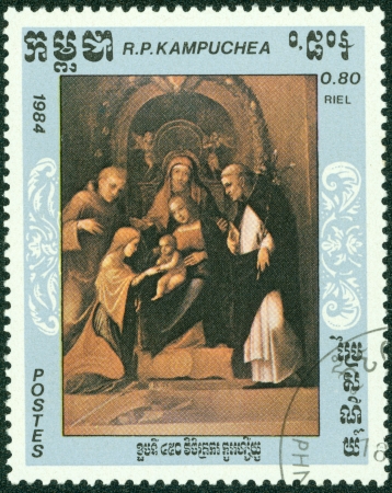 KAMPUCHEA - CIRCA 1984  A stamp printed in Kampuchea  Cambodia  shows a painting, circa 1984のeditorial素材