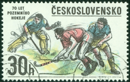 CZECHOSLOVAKIA - CIRCA 1978  A Stamp printed in Czechoslovakia shows image of Hockey, circa 1978の写真素材