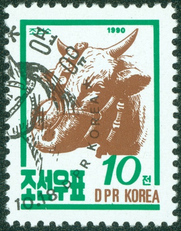 DPR KOREA - CIRCA 1990  A post stamp printed in DPR Korea  North Korea  shows farm animal cattle, circa 1990のeditorial素材