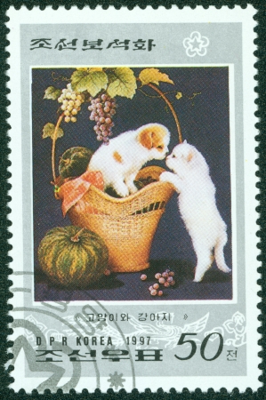 KOREA - CIRCA 1997  A stamp printed in Korea showing pets, circa 1997のeditorial素材