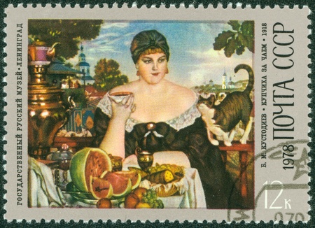 USSR - CIRCA 1978  A stamp printed in USSR shows the  Merchant s Wife Drinking Tea , from the series  B M  Kustodiev  1878-1927  Paintings , circa 1978のeditorial素材