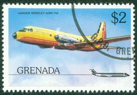 GRENADA - CIRCA 1980  A stamp printed in Grenada showing airplane hawker siddeley avro 748 , circa 1980のeditorial素材