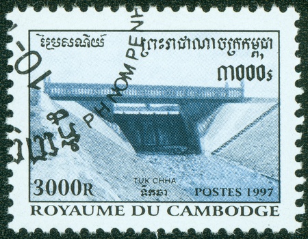 CAMBODIA - CIRCA 1997  A stamp printed in CAMBODIA shows water channel, circa 1997のeditorial素材