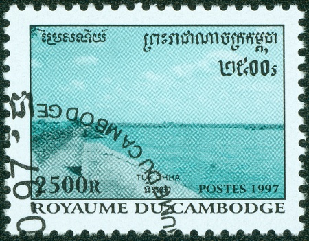 CAMBODIA - CIRCA 1997  A stamp printed in CAMBODIA shows riverbank, circa 1997のeditorial素材