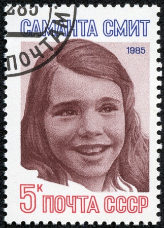 USSR - CIRCA 1985  A stamp printed in USSR shows portrait of Samantha Reed Smith, American schoolgirl, peace activist who became famous in the Cold War-era United States and Soviet Union, circa 1985のeditorial素材