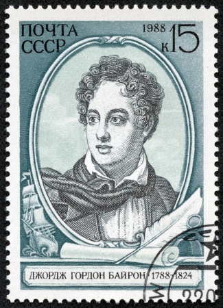 USSR - CIRCA 1988  A stamp printed in USSR shows a drawing of Lord Byron, circa 1988 のeditorial素材