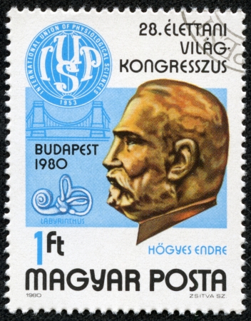 HUNGARY - CIRCA 1980  A stamp printed in Hungary, is devoted to 28th International Congress of Physiological Sciences, shows Dr  Endre Hogyes  1847-1906  and Congress Emblem, circa 1980のeditorial素材