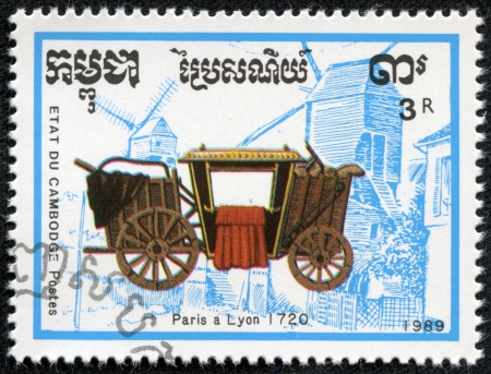 CAMBODIA - CIRCA 1989  A stamp printed in Cambodia shows Horse-drawn,paris a lyon 1720, circa 1989のeditorial素材