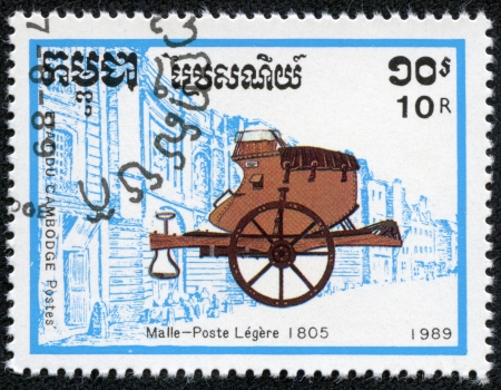 CAMBODIA - CIRCA 1989  A stamp printed in Cambodia shows Horse-drawn,malle poste legere 1805, circa 1989のeditorial素材