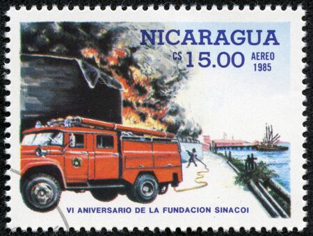 NICARAGUA - CIRCA 1985  stamp printed by Nicaragua, shows firetruck, circa 1985 のeditorial素材