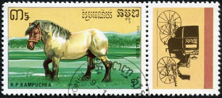 R P  KAMPUCHEA - CIRCA 1989  A stamp printed in R P  KAMPUCHEA shows a Brabant, draught horse and coach series, circa 1989のeditorial素材