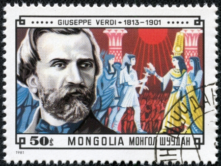 MONGOLIA - CIRCA 1981  A stamp printed in Mongolia shows Giuseppe Verdi  1813-1901  and Scene from his Aida, circa 1981のeditorial素材