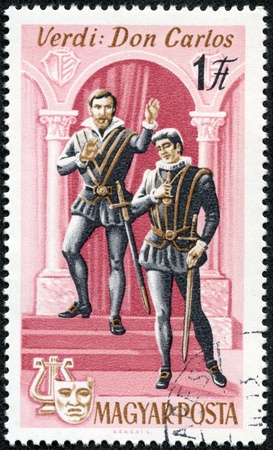 HUNGARY - CIRCA 1967  stamp printed by Hungary, shows Scene from Don Carlos opera by Giuseppe Verdi, circa 1967のeditorial素材