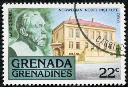 GRENADA - CIRCA 1976  A stamp printed in Grenada, shows alfred nobel and norwegian nobel institute, circa 1976のeditorial素材