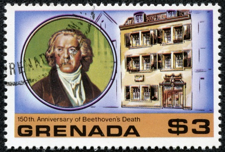 GRENADA - CIRCA 1977  A stamp printed in Grenada, shows Beethoven, circa 1977のeditorial素材