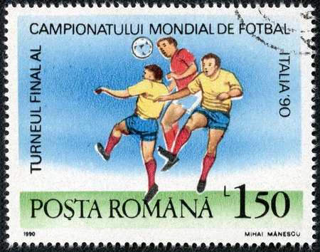 ROMANIA - CIRCA 1990  A stamp printed in Romania dedicated to Soccer World Championship of Italy 1990, circa 1990のeditorial素材