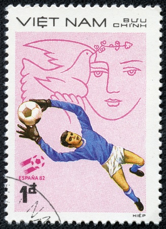 VIETNAM - CIRCA 1982  A stamp printed in Vietnam shows football, circa 1982のeditorial素材