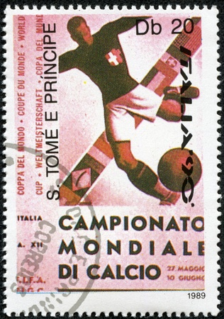 SAO TOME AND PRINCIPE - CIRCA 1989  a stamp from Sao Tome and Principe shows image celebrating the 1990 FIFA World Cup, circa 1989のeditorial素材