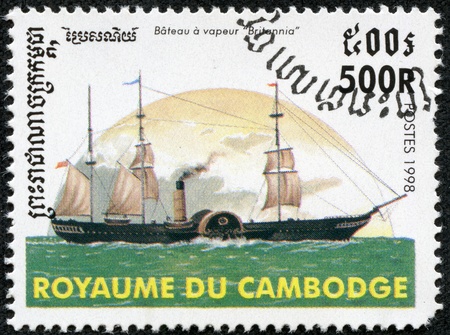 CAMBODIA - CIRCA 1998  A stamp printed in Cambodia shows image of a sailing ship, circa 1998のeditorial素材