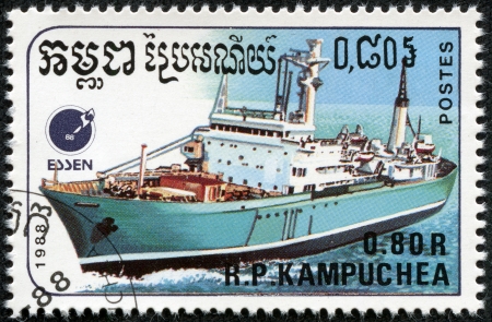 CAMBODIA - CIRCA 1988  A stamp printed Cambodia shows ship, circa 1988のeditorial素材