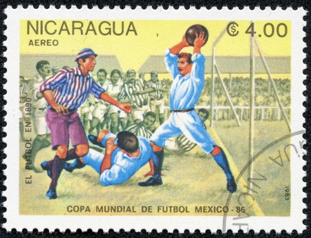 NICARAGUA - CIRCA 1985  A Stamp printed in NICARAGUA shows the History of Soccer  1500 , World Cup Soccer Championships, Mexico, circa 1985のeditorial素材